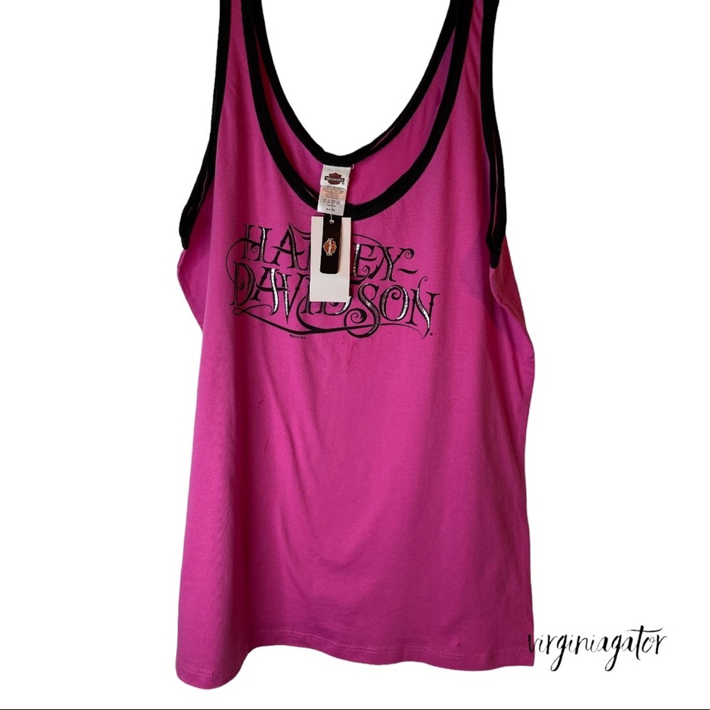 Harley Davidson Foil Script Pink Raw Edge Tank Top with Contrast Trim NWT XL